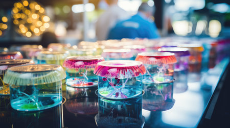Colorful candies in glass jars on the shelf in the shopの素材