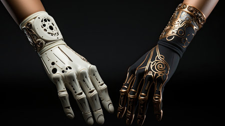 Robot hand on black background.の素材