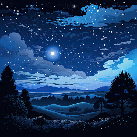Night landscape with mountains, forest, moon and stars.の素材