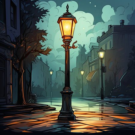 Street lamp on the street in the city at night. Vector illustration.の素材