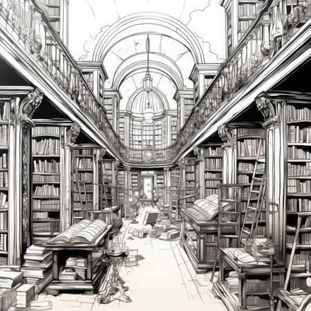 Sketch of a library interior with bookshelves and stacks of booksの素材