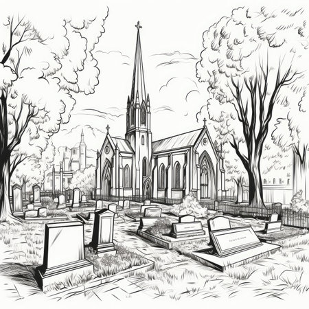 The church and cemetery are in Black and white colorの素材