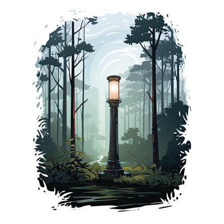 Lamp post in the forest on white background.の素材