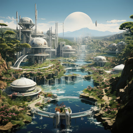 Fantasy alien planet. Mountain landscape with lakeの素材