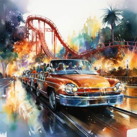 Watercolor Vintage car on the road.の素材