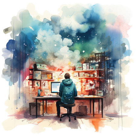 Watercolor Young man sitting at the desk and looking at bookshelf.の素材