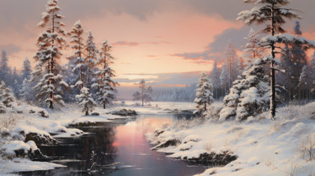 Winter landscape with a frozen river and coniferous forest in the backgroundの素材