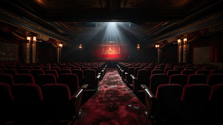 Old cinema hall with red seats and projector lights.の素材