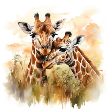 Watercolor two giraffes in the savanna.の素材