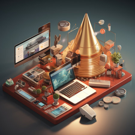 Laptop, computer and mobile phone on the table.の素材