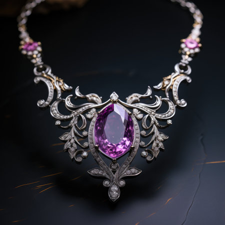 necklace with amethyst on a black background, close-upの素材