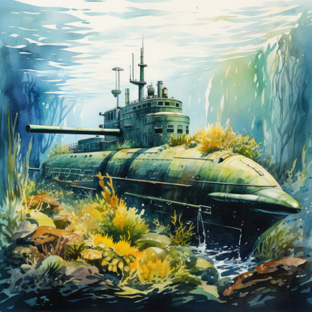 Watercolor submarine in the sea.の素材