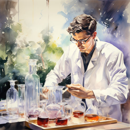 Portrait of a young male chemist working in a laboratory. He is wearing glasses and a lab coat.の素材