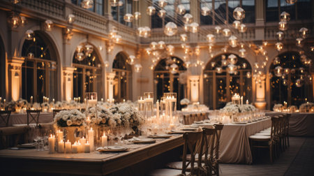 Wedding Banquet Hall with Decorated Table and Candlesの素材