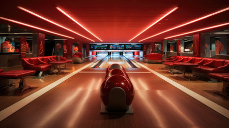 Bowling club interior with skittles and red lightsの素材