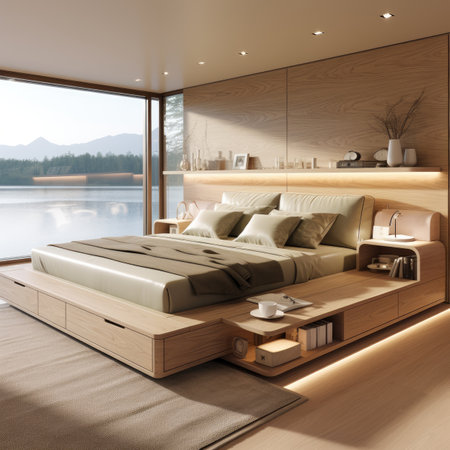 Luxury bedroom interior with wooden bed, coffee table and bookcaseの素材