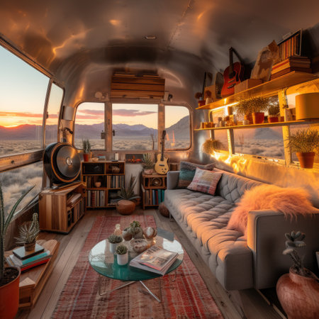 Interior of a retro camper van in the mountains at sunsetの素材