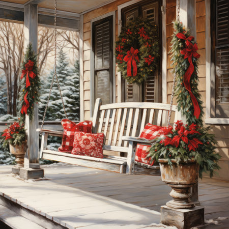 Wooden bench with Christmas decorations on the porch of a country houseの素材