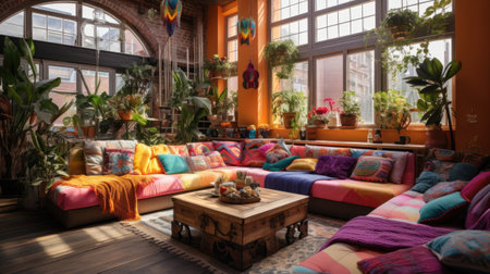 Interior of modern living room with colorful pillows and wooden furnitureの素材
