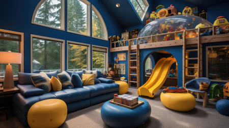 Children's playroom with a blue sofa, a blue and yellow inflatable slide and a blue chairの素材