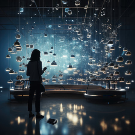 Silhouette of a woman with a smartphone and a tablet in her hands.の素材