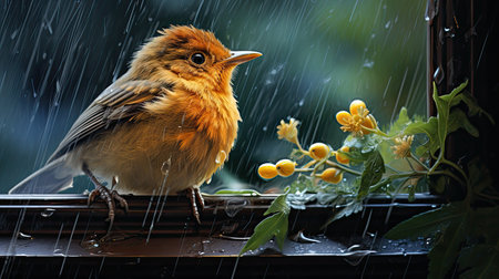 Red robin sitting on a window sill with yellow flowers in the rainの素材