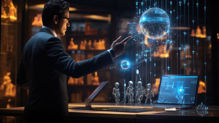 Businessman working with virtual globe hologramの素材