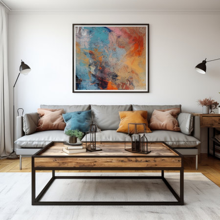 Interior design of modern living room with grey sofa, coffee table and paintings on wall.の素材
