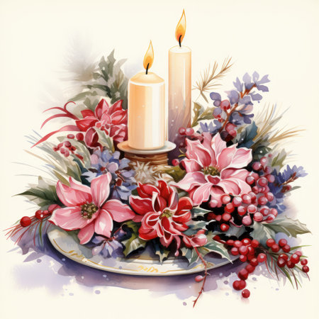 Vintage floral arrangement with poinsettia, ivy and candlesの素材