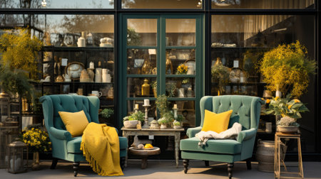 interior of a cafe with green armchairs and yellow cushionsの素材