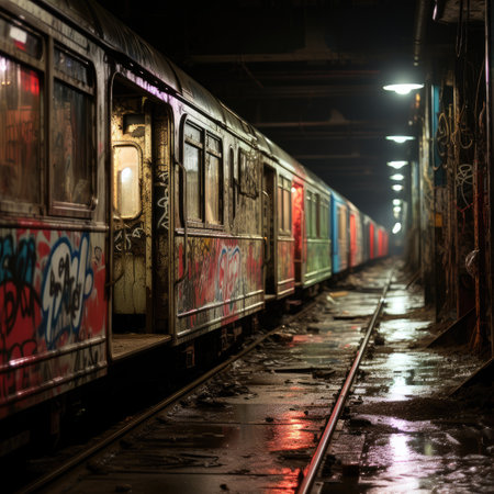 Train station at night with graffiti on the wall. Long exposure.の素材