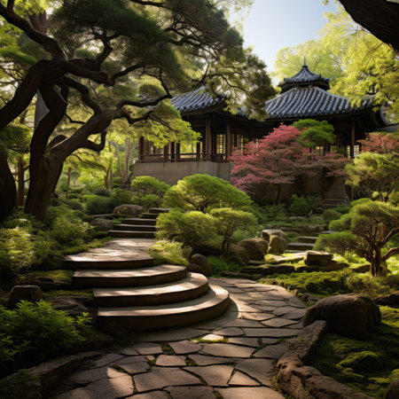 Japanese garden with stone stairs in the middle of the trees and flowersの素材