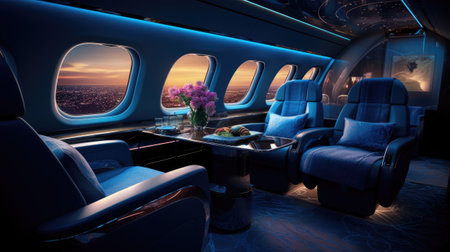 Airplane interior with seats and table with flowers in a vaseの素材