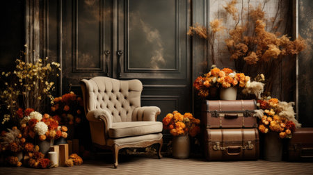 Vintage interior with antique armchair, sofa, books and flowersの素材