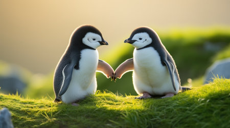 Gentoo penguins on the green grass at sunset in Antarcticaの素材