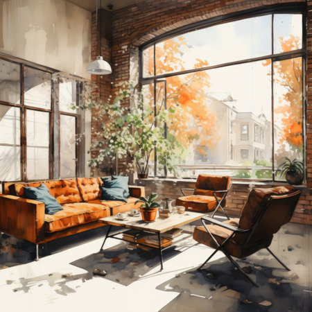 Modern interior design of living room with orange sofa, coffee table and window with city view.の素材