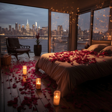 Romantic interior with rose petals and candles on the window.の素材