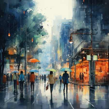 People walking in the street with umbrella and cityscapeの素材
