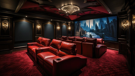 Interior of a movie theater with red leather seats.の素材