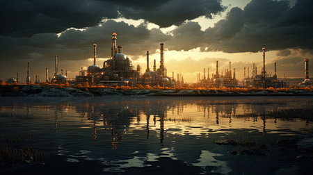 Oil refinery at sunset with reflection in the water. Oil industry.の素材