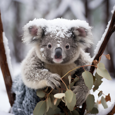 Cute koala bear in winter forest with snow on its backの素材