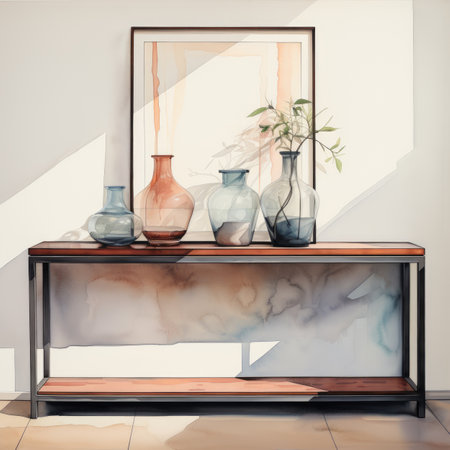 Interior of a modern living room with a mirror and a vaseの素材