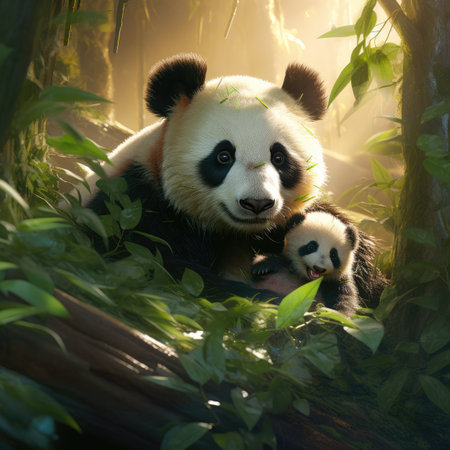 Panda mother with her baby in the bamboo forest. Nature backgroundの素材
