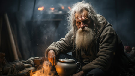 Old man with a long beard and mustache sitting on the floor with a kettle in his handsの素材