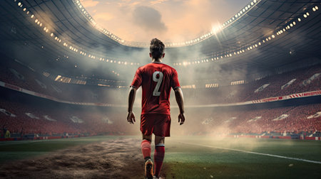 Soccer player in action at the stadium.の素材