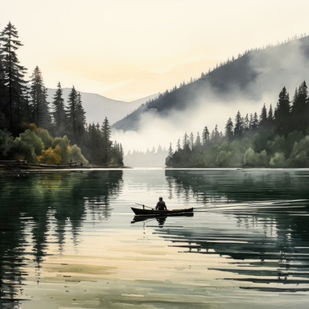 Fisherman in a boat on the lake with mountains in the backgroundの素材