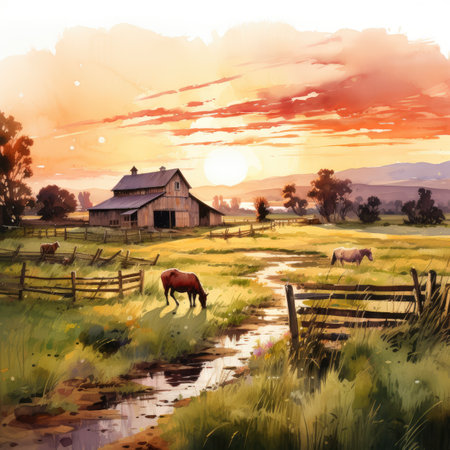 Watercolor farm with horses in the field at sunsetの素材