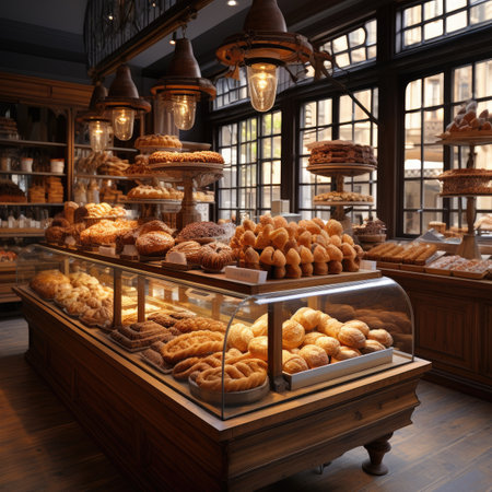 Bakery shop interior with shelves full of pastries and pastriesの素材