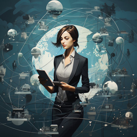 Businesswoman with tablet pc in hands against global network backgroundの素材