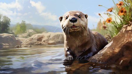 Otter swimming in the river,の素材